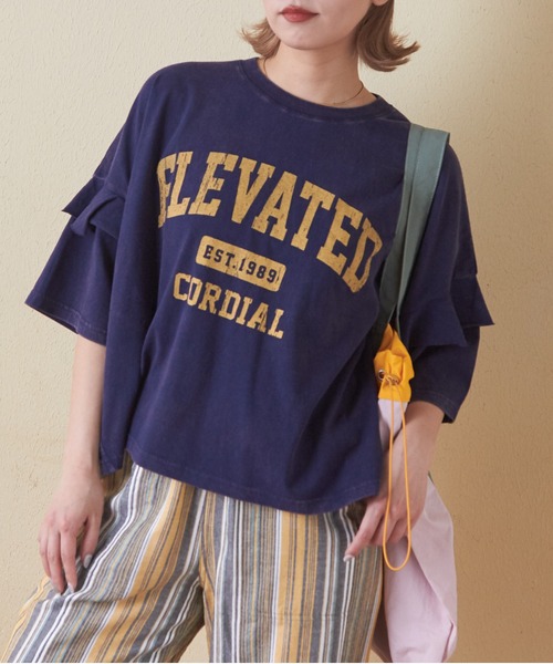 CUBE SUGAR（キューブシュガー）の「26/-OE天竺パウダー加工フリル付ビッグTシャツ（Tシャツ/カットソー・レディース・イエロー/マルチ/ネイビー/グレー/ピンク・M）」の3枚目の写真