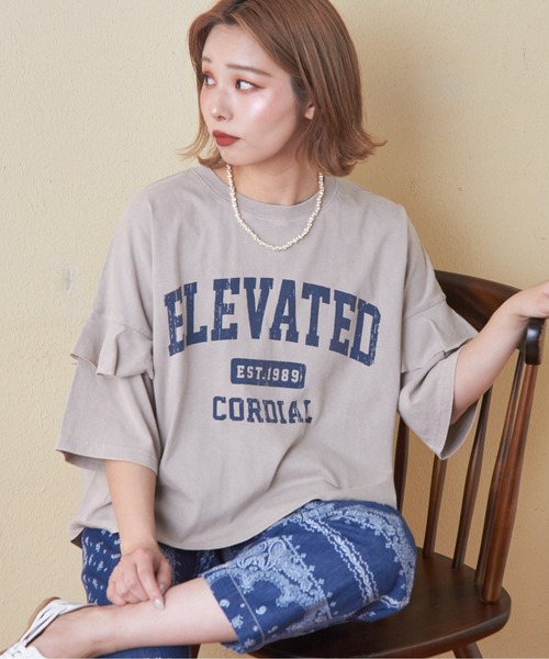 CUBE SUGAR（キューブシュガー）の「26/-OE天竺パウダー加工フリル付ビッグTシャツ（Tシャツ/カットソー・レディース・イエロー/マルチ/ネイビー/グレー/ピンク・M）」の2枚目の写真