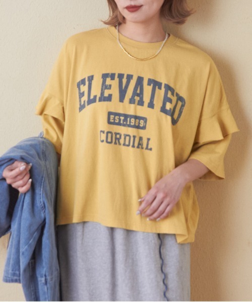 CUBE SUGAR（キューブシュガー）の「26/-OE天竺パウダー加工フリル付ビッグTシャツ（Tシャツ/カットソー・レディース・イエロー/マルチ/ネイビー/グレー/ピンク・M）」の4枚目の写真