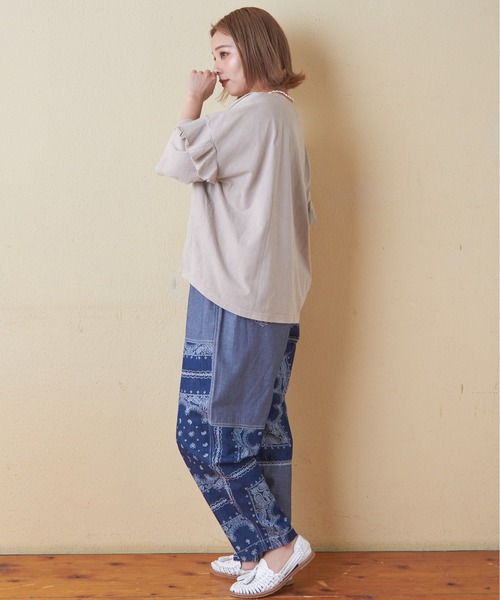 CUBE SUGAR（キューブシュガー）の「26/-OE天竺パウダー加工フリル付ビッグTシャツ（Tシャツ/カットソー・レディース・イエロー/マルチ/ネイビー/グレー/ピンク・M）」の8枚目の写真