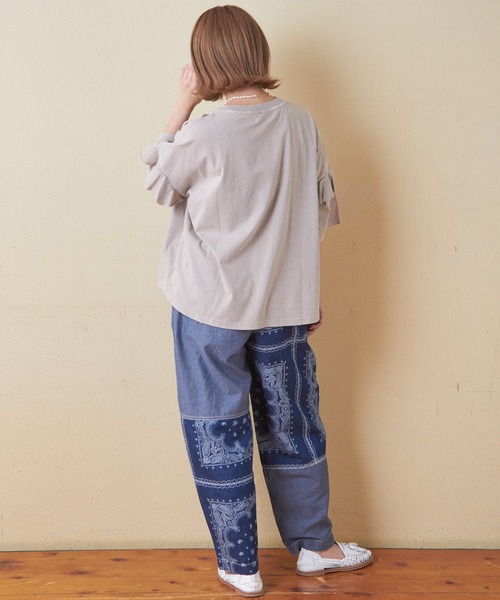 CUBE SUGAR（キューブシュガー）の「26/-OE天竺パウダー加工フリル付ビッグTシャツ（Tシャツ/カットソー・レディース・イエロー/マルチ/ネイビー/グレー/ピンク・M）」の9枚目の写真