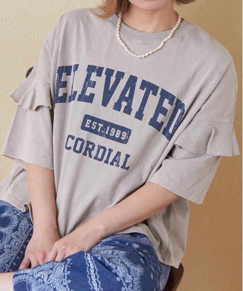 CUBE SUGAR（キューブシュガー）の「26/-OE天竺パウダー加工フリル付ビッグTシャツ（Tシャツ/カットソー・レディース・イエロー/マルチ/ネイビー/グレー/ピンク・M）」の7枚目の写真