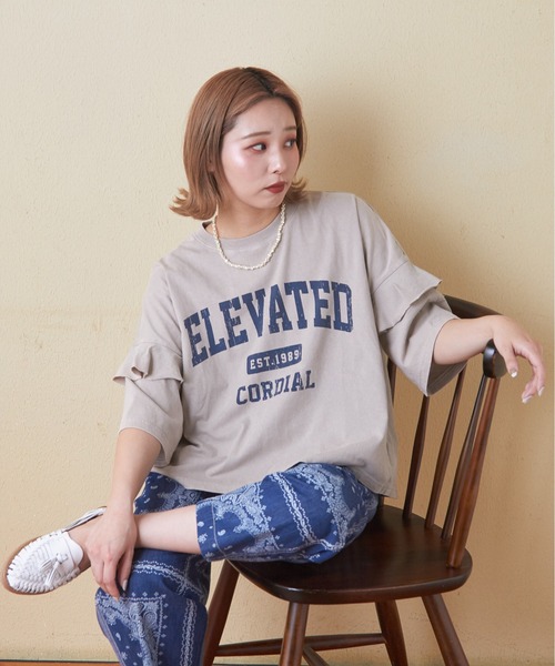 CUBE SUGAR（キューブシュガー）の「26/-OE天竺パウダー加工フリル付ビッグTシャツ（Tシャツ/カットソー・レディース・イエロー/マルチ/ネイビー/グレー/ピンク・M）」の14枚目の写真