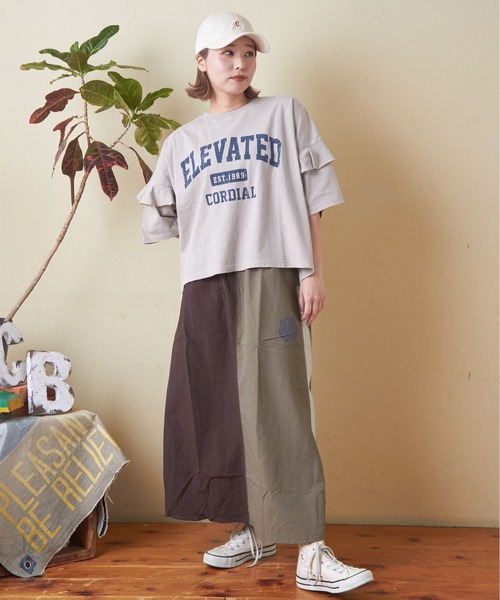 CUBE SUGAR（キューブシュガー）の「26/-OE天竺パウダー加工フリル付ビッグTシャツ（Tシャツ/カットソー・レディース・イエロー/マルチ/ネイビー/グレー/ピンク・M）」の12枚目の写真