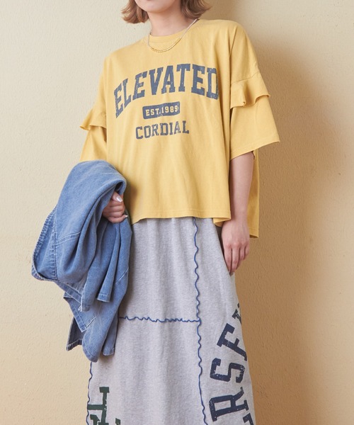 CUBE SUGAR（キューブシュガー）の「26/-OE天竺パウダー加工フリル付ビッグTシャツ（Tシャツ/カットソー・レディース・イエロー/マルチ/ネイビー/グレー/ピンク・M）」の11枚目の写真