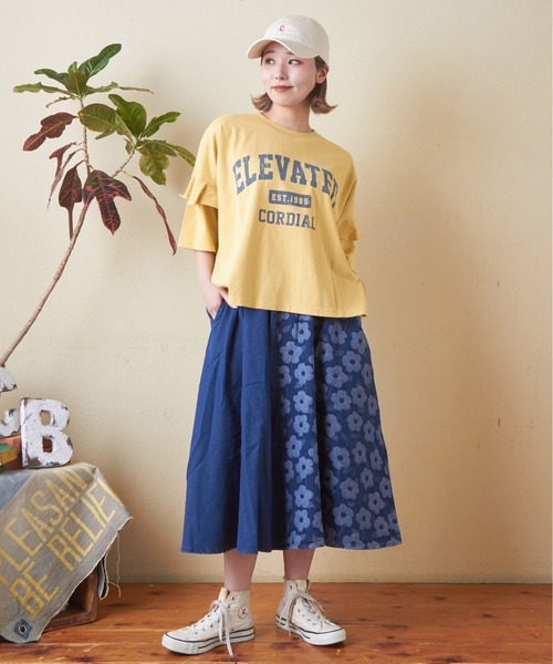 CUBE SUGAR（キューブシュガー）の「26/-OE天竺パウダー加工フリル付ビッグTシャツ（Tシャツ/カットソー・レディース・イエロー/マルチ/ネイビー/グレー/ピンク・M）」の10枚目の写真