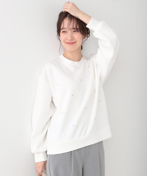 DRESKIP(ドレスキップ)の「【S-LL】もちさら ビジュー付きトップス(Tシャツ/カットソー・レディース・ライトベージュ/オフホワイト/チャコールグレー・04/03/02/01)」の8枚目の写真