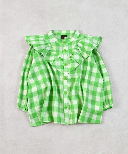 MARKEY'S（マーキーズ）の「ギンガムラッフルブラウス【セットアップ可能】（セットアップ・キッズ・ピンク/ライトグリーン/イエロー/ブラック・S/M/L/LL）」の2枚目の写真