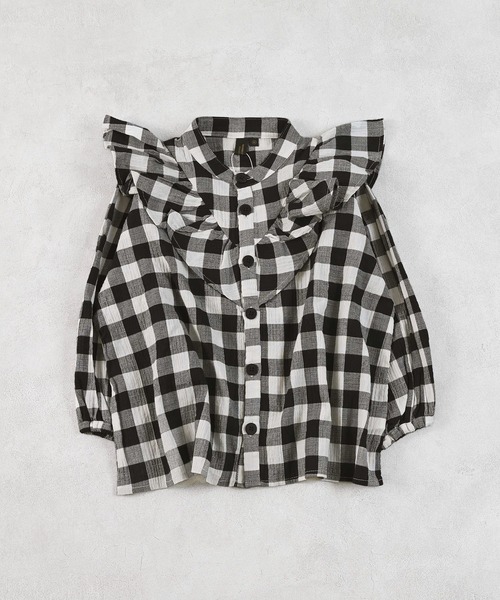 MARKEY'S（マーキーズ）の「ギンガムラッフルブラウス【セットアップ可能】（セットアップ・キッズ・ピンク/ライトグリーン/イエロー/ブラック・S/M/L/LL）」の5枚目の写真