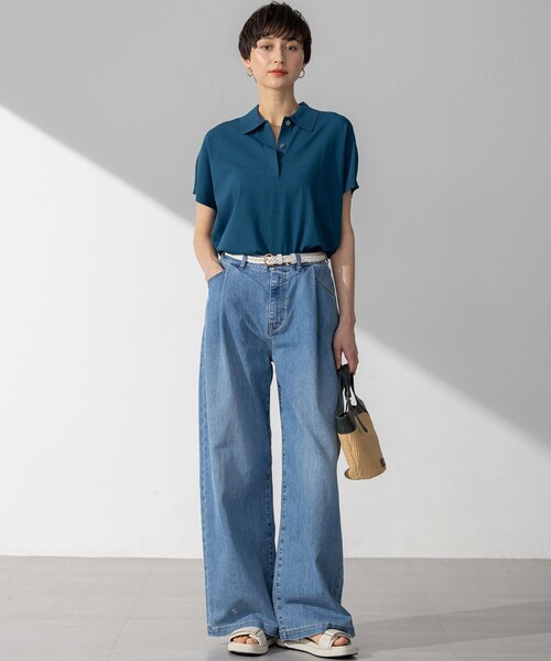 23区 L(ニジュウサンクオオキイサイズ)の「【洗える】レーヨンポリエステルストレッチ フレンチスリーブ ポロニット(ニット/セーター・レディース・ダークグリーン系/ブラック系/ベージュ系・44/46)」の7枚目の写真