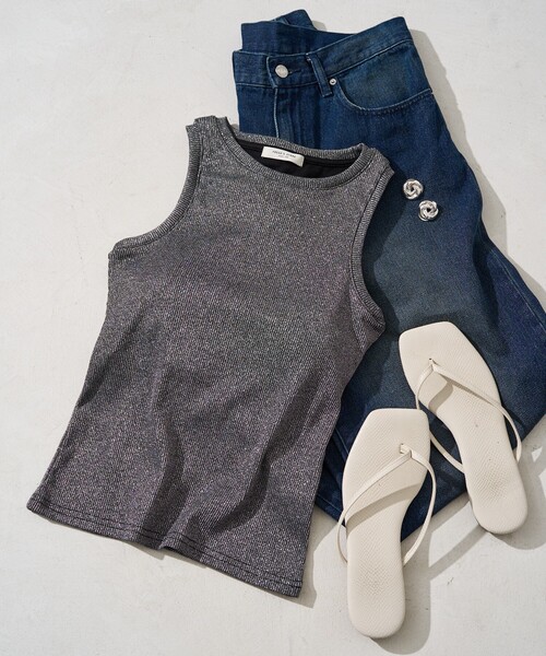 FREAK'S STORE(フリークスストア)の「限定展開 カップ付き ラメ テレコ アメスリ タンク(タンクトップ・レディース・ブルーグリーン/イエロー/ライトベージュ/ブラック/チャコールグレー/オフホワイト・フリ-)」の3枚目の写真