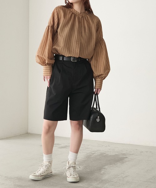 BONLECILL（ボンルシール）の「2Wayモールストライプボリュームスリーブバンドカラーシャツ（シャツ/ブラウス・レディース・ボルドー/オレンジ/モカ/グレー/ブラック/アイボリー・FREE）」の14枚目の写真