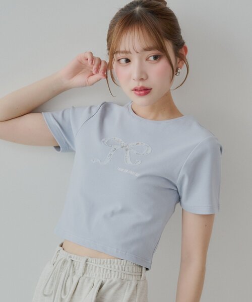 Chico(チコ)の「レースリボン刺繍チビT(Tシャツ/カットソー・レディース・ブラック/ブルー/ホワイト/ピンク・FREE)」の3枚目の写真