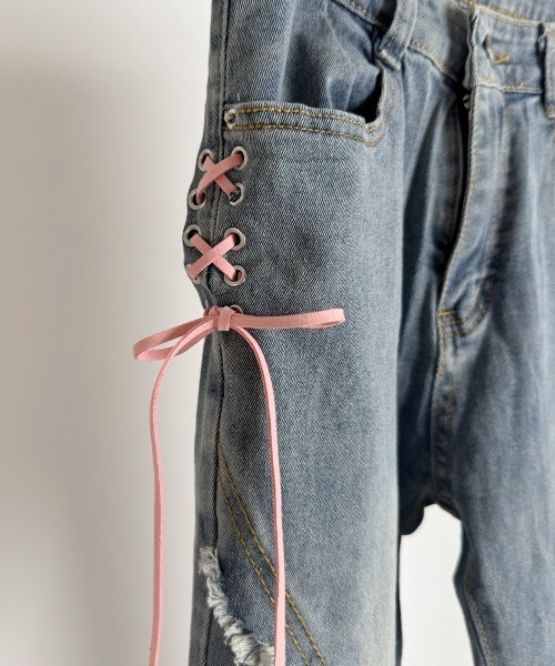 パンツ POPPY MANY RIBBON DENIM PANTS セール】サイド3リボンデニムパンツ（デニムパンツ