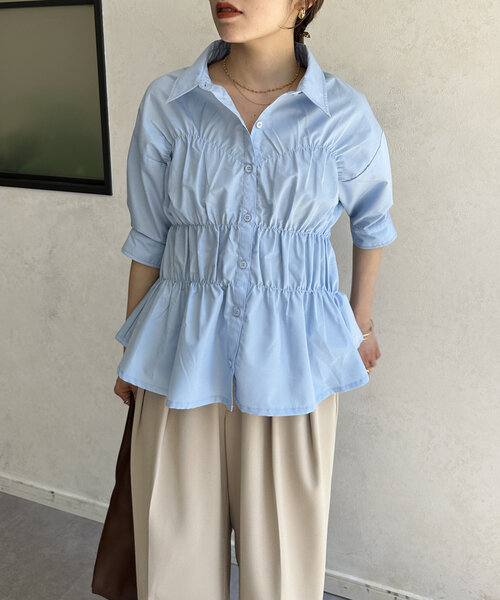 Thevon(ゼボン)の「ビスチェシャーリング5分袖シャツ(シャツ/ブラウス・レディース・イエロー系その他/サックスブルー/オフホワイト・FREE)」の11枚目の写真