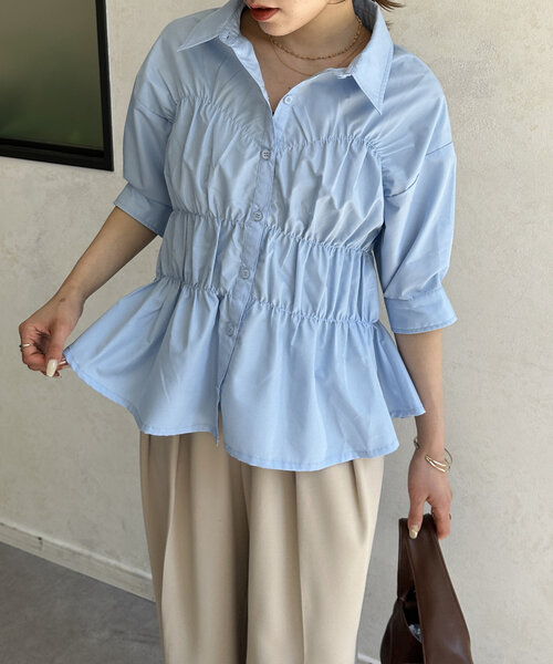 Thevon(ゼボン)の「ビスチェシャーリング5分袖シャツ(シャツ/ブラウス・レディース・イエロー系その他/サックスブルー/オフホワイト・FREE)」の12枚目の写真