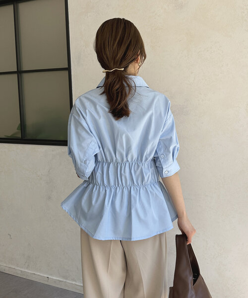 Thevon(ゼボン)の「ビスチェシャーリング5分袖シャツ(シャツ/ブラウス・レディース・イエロー系その他/サックスブルー/オフホワイト・FREE)」の13枚目の写真