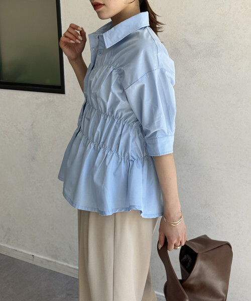 Thevon(ゼボン)の「ビスチェシャーリング5分袖シャツ(シャツ/ブラウス・レディース・イエロー系その他/サックスブルー/オフホワイト・FREE)」の14枚目の写真