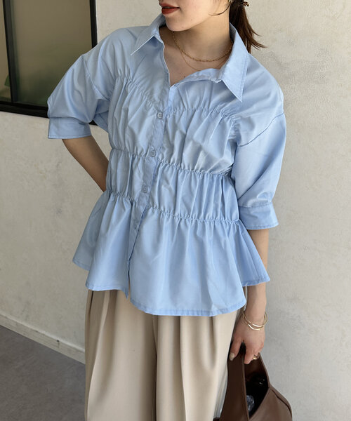 Thevon(ゼボン)の「ビスチェシャーリング5分袖シャツ(シャツ/ブラウス・レディース・イエロー系その他/サックスブルー/オフホワイト・FREE)」の15枚目の写真