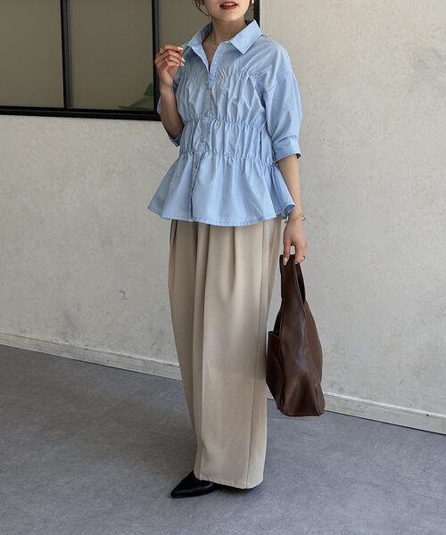 Thevon(ゼボン)の「ビスチェシャーリング5分袖シャツ(シャツ/ブラウス・レディース・イエロー系その他/サックスブルー/オフホワイト・FREE)」の16枚目の写真