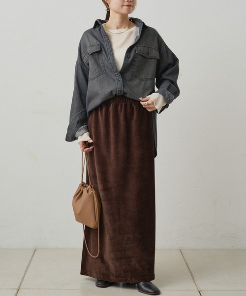 PUAL CE CIN(ピュアルセシン)の「ストレッチコールスカート(スカート・レディース・ブラウン/グレー/アイボリー/ブラック/カーキ・SMALL/MEDIUM)」の6枚目の写真