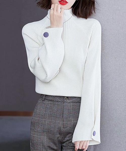 Lace Ladies(レースレディース)の「ハイネック 袖ボタン付き 長袖 ニット プルオーバー(ニット/セーター・レディース・ブラック/モカ/ホワイト・FREE)」の1枚目の写真