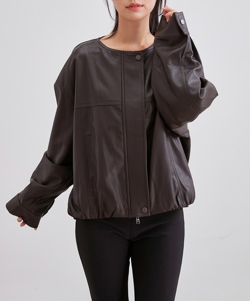 セール】レザー調 ノーカラー コンパクト ジップアップ ブルゾン