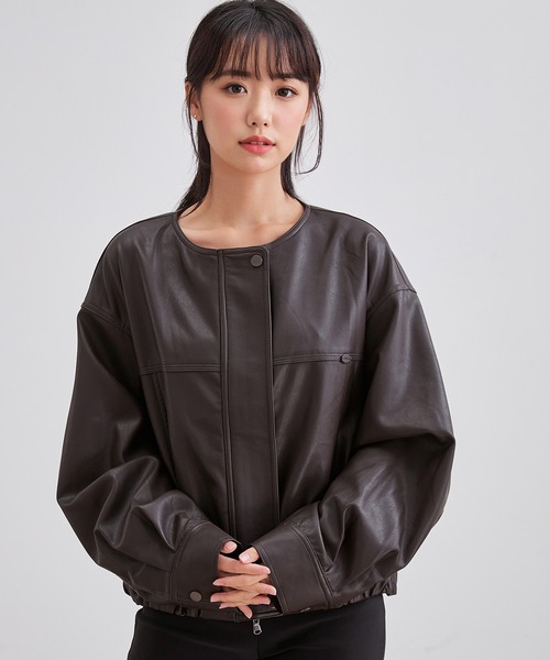 セール】レザー調 ノーカラー コンパクト ジップアップ ブルゾン