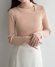 アシンメトリーカットワークネックリブニットトップス