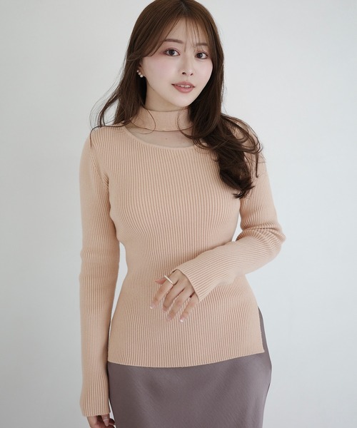 セール】アシンメトリーカットワークネックリブニットトップス（ニット