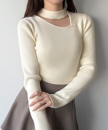 アシンメトリーカットワークネックリブニットトップス
