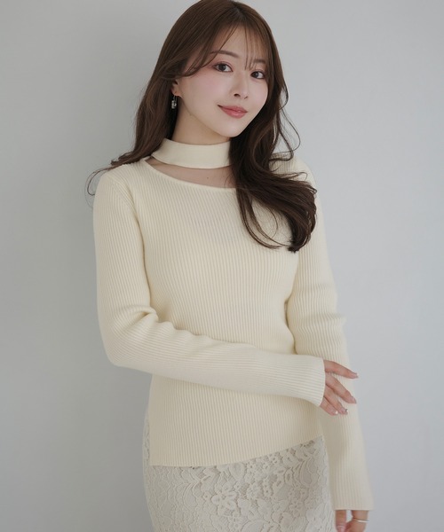 セール】アシンメトリーカットワークネックリブニットトップス（ニット