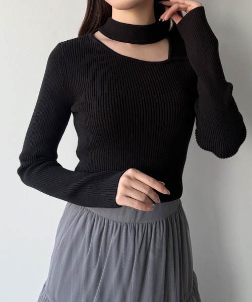 セール】アシンメトリーカットワークネックリブニットトップス（ニット