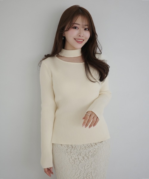 セール】アシンメトリーカットワークネックリブニットトップス（ニット