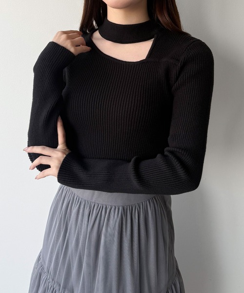 mipiarl(ミピアール)の「アシンメトリーカットワークネックリブニットトップス(ニット/セーター・レディース・ブラック/アイボリー/ピンクベージュ・MEDIUM/LARGE)」の5枚目の写真