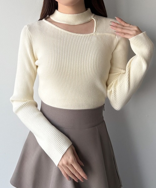 セール】アシンメトリーカットワークネックリブニットトップス（ニット
