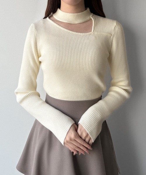 セール】アシンメトリーカットワークネックリブニットトップス（ニット