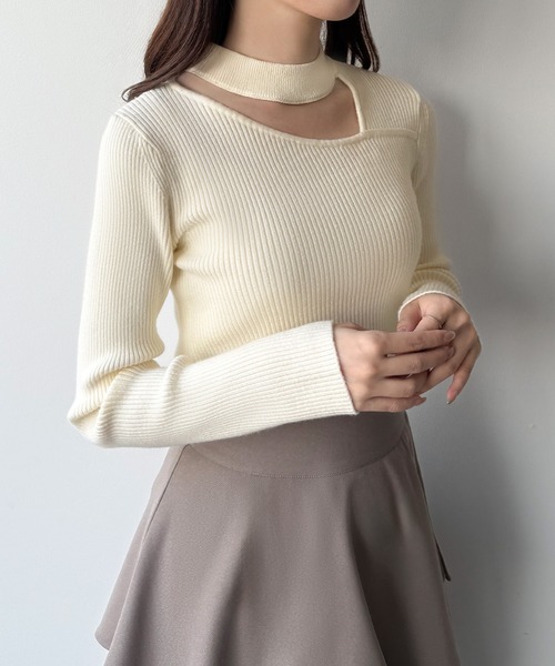 mipiarl(ミピアール)の「アシンメトリーカットワークネックリブニットトップス(ニット/セーター・レディース・ブラック/アイボリー/ピンクベージュ・MEDIUM/LARGE)」の9枚目の写真