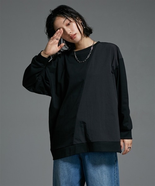 Soiunique（スワユニーク）の「異素材配色切替オーバーサイズ長袖プルオーバー ［Soiunique］（Tシャツ/カットソー・レディース・ブラウン系/ブラック系・L-XL/S-M）」の2枚目の写真