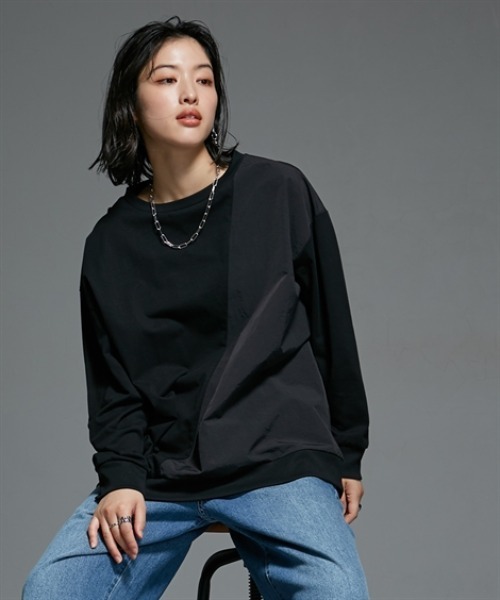 Soiunique（スワユニーク）の「異素材配色切替オーバーサイズ長袖プルオーバー ［Soiunique］（Tシャツ/カットソー・レディース・ブラウン系/ブラック系・L-XL/S-M）」の6枚目の写真