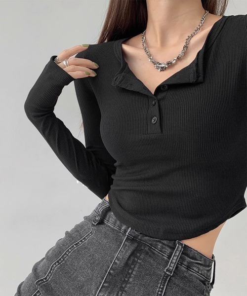Miniministore(ミニミニストア)の「長袖Tシャツ レディース ボタン 無地(Tシャツ/カットソー・レディース・ブラック/グレー/ホワイト・L/XL/M)」の1枚目の写真