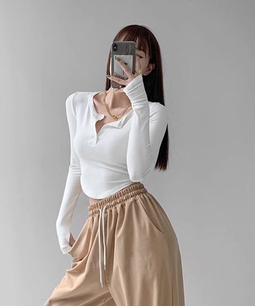 Miniministore(ミニミニストア)の「長袖Tシャツ レディース ボタン 無地(Tシャツ/カットソー・レディース・ブラック/グレー/ホワイト・L/XL/M)」の9枚目の写真