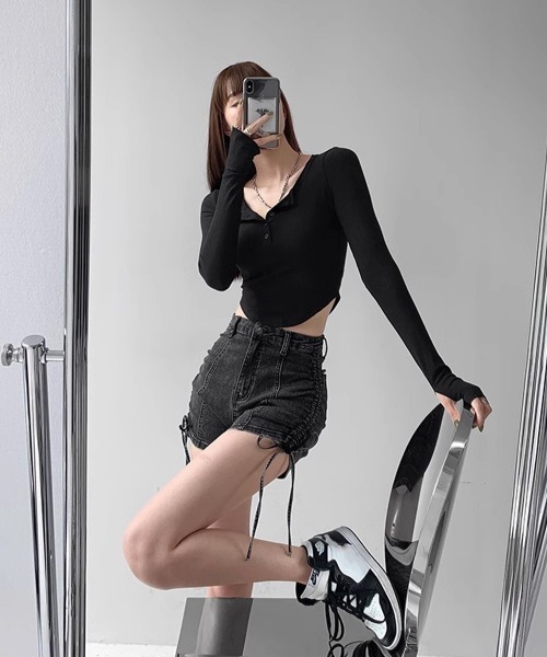 Miniministore(ミニミニストア)の「長袖Tシャツ レディース ボタン 無地(Tシャツ/カットソー・レディース・ブラック/グレー/ホワイト・L/XL/M)」の16枚目の写真