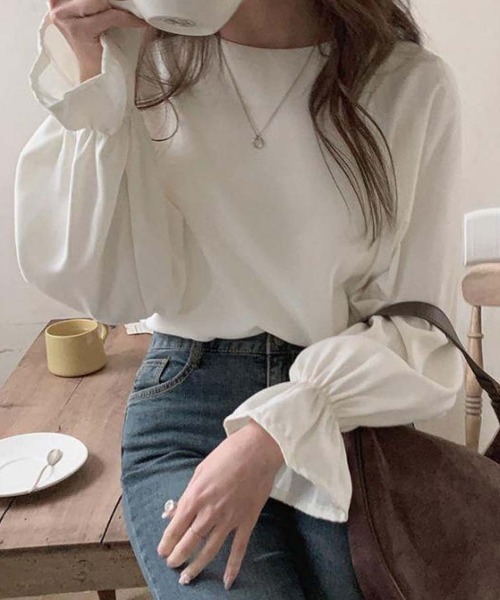 shoppinggo(ショッピングゴー)の「ブラウス シャツ トップス オフィス レディース 白ブラウス 長袖韓国ファッション(シャツ/ブラウス・レディース・ダークブラウン/ホワイト・M/L)」の2枚目の写真