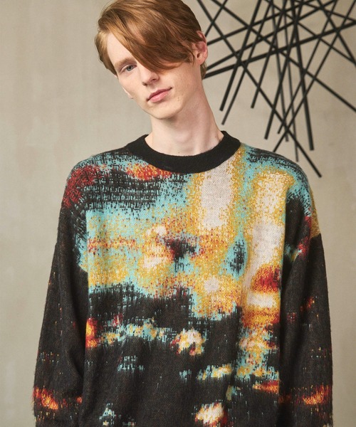 UNISEX》Contemporary Art Jacquard Prime-Over Crew Neck Shaggy Knit