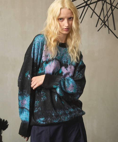 UNISEX》Contemporary Art Jacquard Prime-Over Crew Neck Shaggy Knit