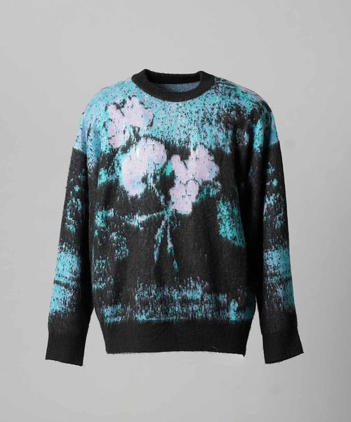 稀少USオリジナル『ジャズ・コンテンポラリー 』 UNISEX》Contemporary Art Jacquard Prime-Over Crew Neck Shaggy Knit