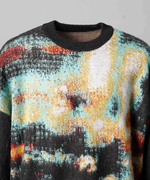 UNISEX》Contemporary Art Jacquard Prime-Over Crew Neck Shaggy Knit