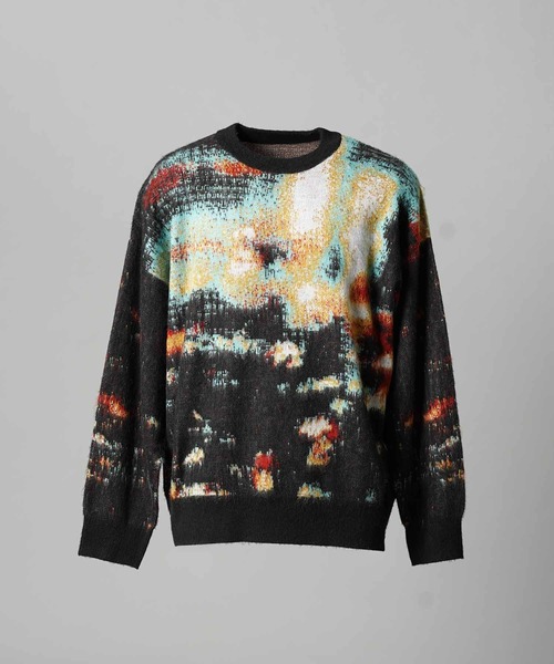稀少USオリジナル『ジャズ・コンテンポラリー 』 UNISEX》Contemporary Art Jacquard Prime-Over Crew Neck Shaggy Knit