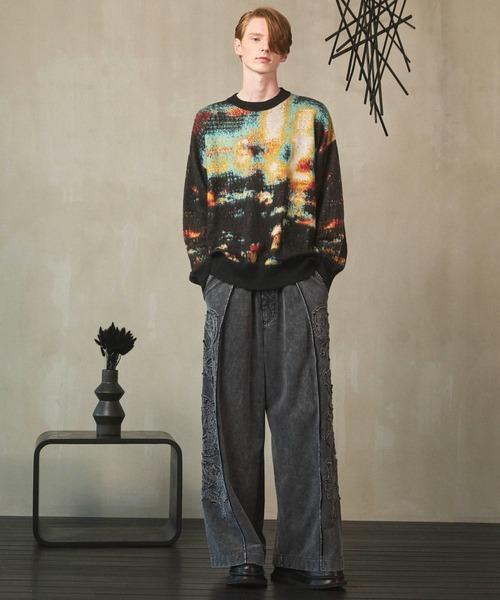 UNISEX》Contemporary Art Jacquard Prime-Over Crew Neck Shaggy Knit